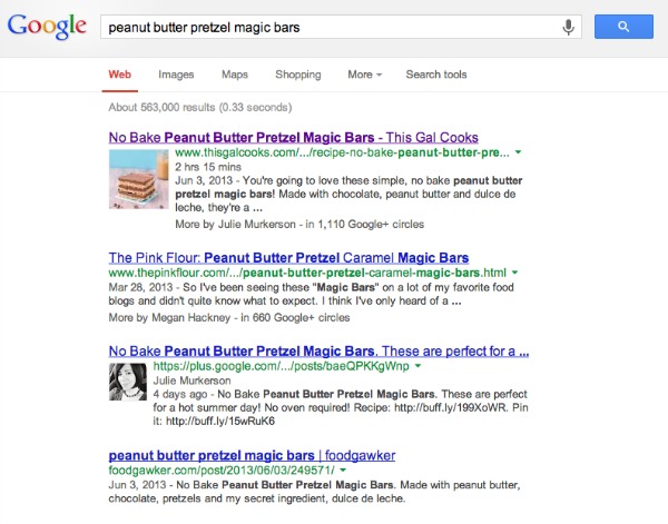 In this example, I searched for "peanut butter pretzel magic bars." As you can see, my blog post is the first result in the search results. My Google Plus post shows up as the third item in the Google search results.