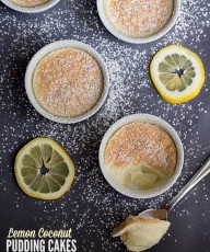 Lemon Coconut Pudding Cakes: lemoncello, fresh lemon juice, coconut milk and other select ingredients are baked in cute little ramekins to make these pretty little cakes.