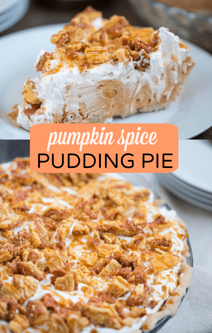 Easy Pumpkin Spice Pudding Pie. Flaky pie crust filled with pumpkin spice pudding, Cool Whip, pumpkin spice Oreos and topped with cool whip, cookies and caramel!