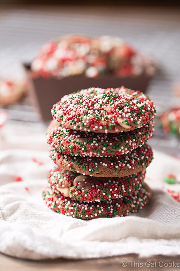 These melt in your mouth Nutella White Chocolate Chip Cookies are perfect for Christmas. Just dress them up with sprinkles like I did! 