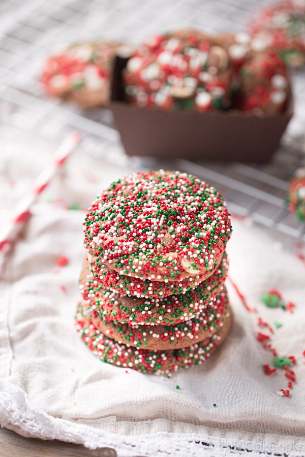 These melt in your mouth Nutella White Chocolate Chip Cookies are perfect for Christmas. Just dress them up with sprinkles like I did! 