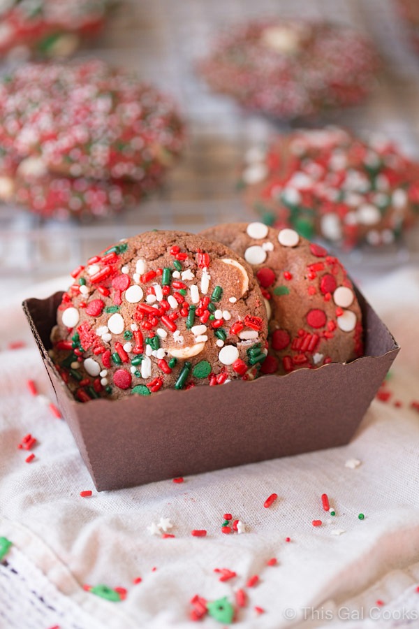 These melt in your mouth Nutella White Chocolate Chip Cookies are perfect for Christmas. Just dress them up with sprinkles like I did! 