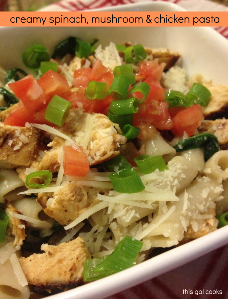 Creamy Spinach, Mushroom and Chicken Pasta from www.thisgalcooks.com