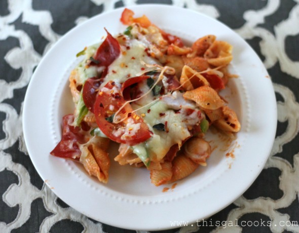 Cheesy Pizza Pasta Casserole - This Gal Cooks wm