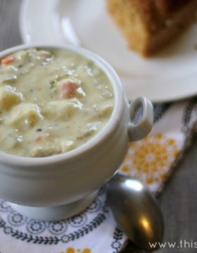 Lightened Up Clam Chowder - This Gal Cooks #soup #chowder #seafood