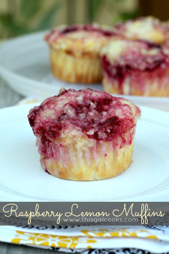 Raspberry Lemon Muffins - This Gal Cooks. These sweet little muffins are made with lemon Greek yogurt and frozen raspberries! #breakfast 