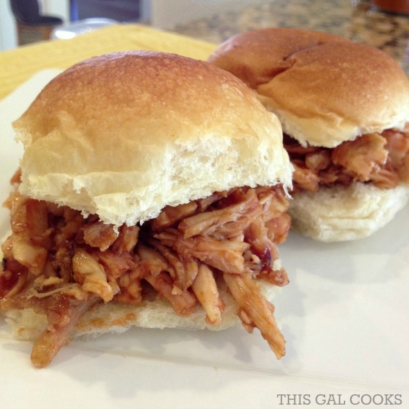 Crazy easy to make BBQ Chicken Sliders on This Gal Cooks