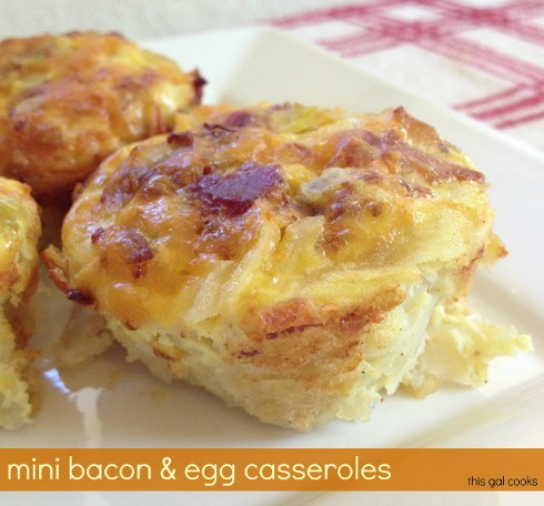 These Mini Bacon and Egg Casseroles are made with fresh shredded potatoes, eggs, bacon and cheese. Make ahead for a quick and easy breakfast!