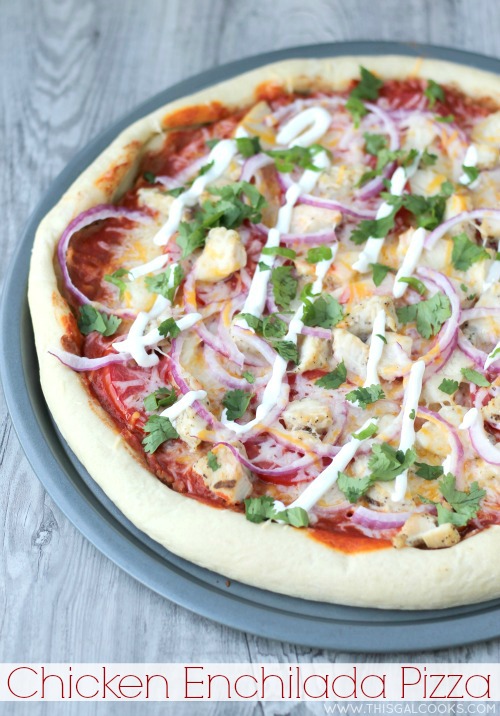 My favorite Tex-Mex flavors come together to make this easy Chicken Enchilada Pizza. Perfect for easy weeknight dinners! | This Gal Cooks