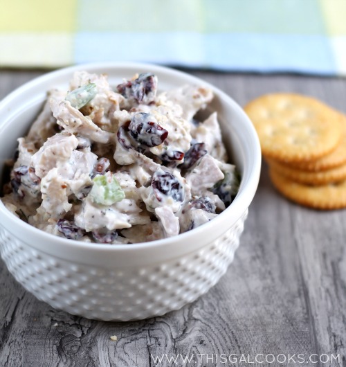 My favorite recipe for chicken salad is this Cranberry Pecan Chicken Salad. It's creamy, crunchy and sweet! | This Gal Cooks