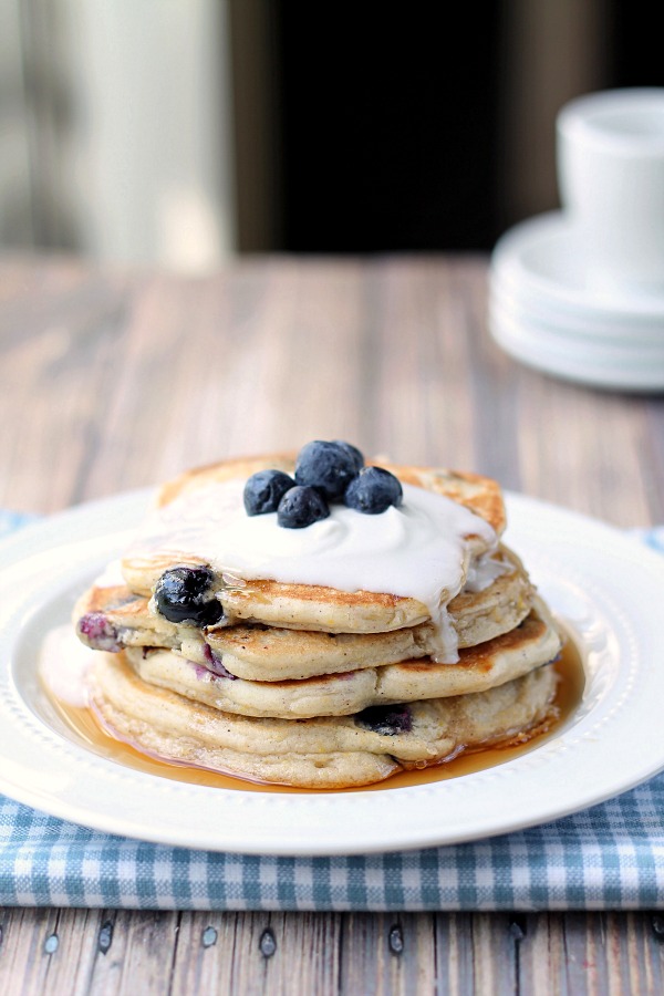 Blueberry Coconut Pancakes. These delicious pancakes use coconut milk rather than dairy milk. Don't you just want to bite into them? From This Gal Cooks