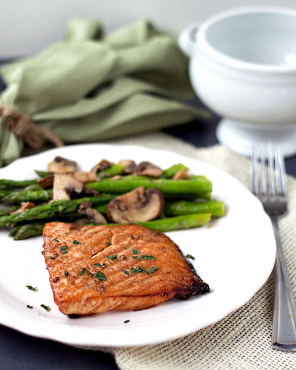 Teriyaki Salmon with Sesame Asparagus. Healthy and super simple to make! From www.thisgalcooks.com