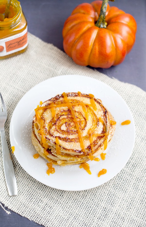 Pumpkin Swirl Pancakes with Pumpkin Butter Topping from www.thisgalcooks.com #pumpkin #pancakes #breakfast