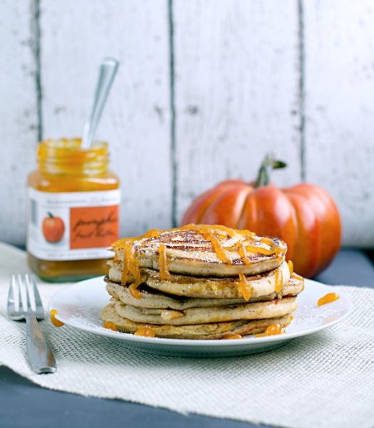 Pumpkin Swirl Pancakes with Pumpkin Butter Topping from www.thisgalcooks.com #pancakes #breakfast #pumpkin