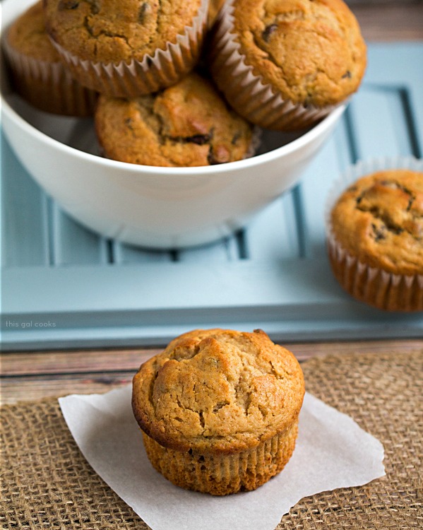 Chocolate Chip Peanut Butter Banana Muffins from This Gal Cooks