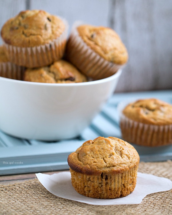 Chocolate Chip Peanut Butter Banana Muffins from This Gal Cooks