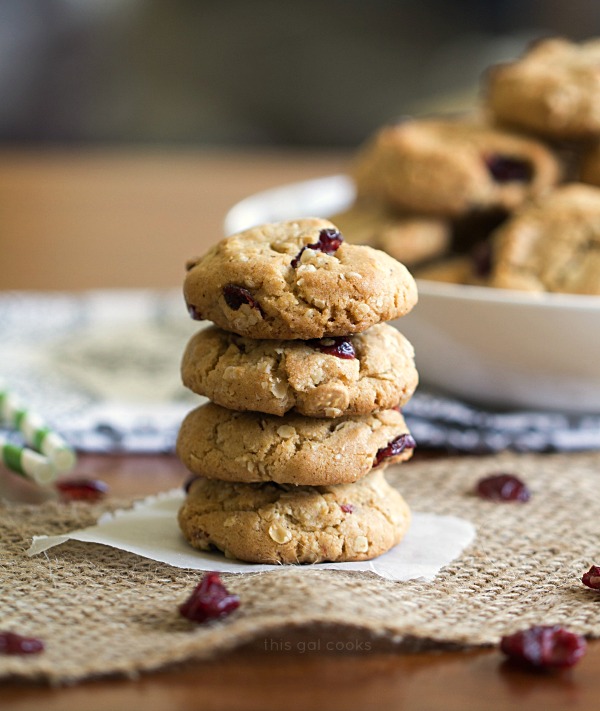 Cranberry Oatmeal Cookies - This Gal Cooks. Filled with decedent white chocolate chips and spiced up with cinnamon, nutmeg and cloves!