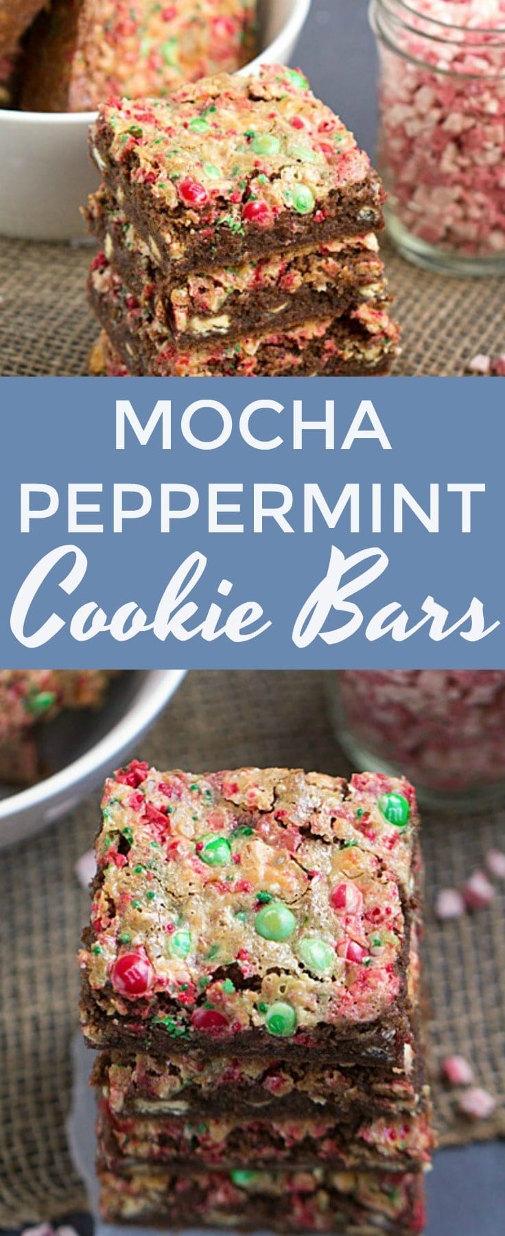 Mocha Peppermint Cookies Bars. BURSTING with that sweet flavor that you love! These #cookie bars are a great #Christmas #dessert option. Your family will LOVE them! #recipe #sweettreats #chocolate #peppermint