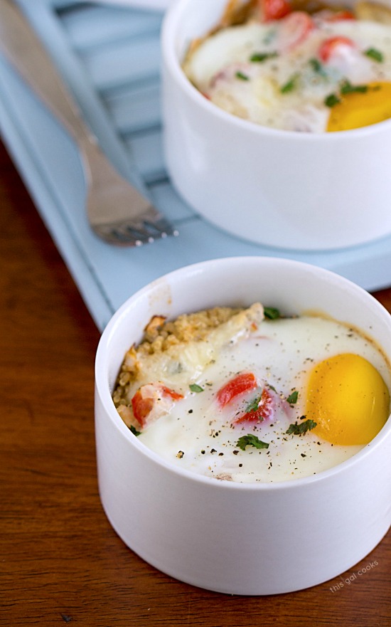 Baked Eggs with Quinoa and Fresh Salsa - This Gal Cooks. A fresh, healthy breakfast option. Packed with protein, veggies and grains.