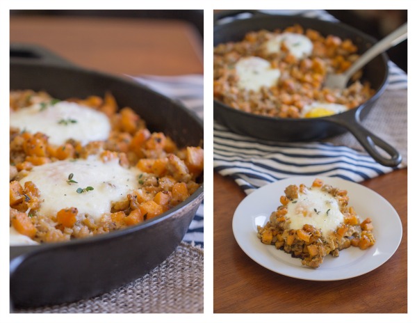 Chicken Sausage and Sweet Potato Hash with Baked Eggs is one of my favorite savory breakfast dishes. Perfectly seasoned, sauteed potatoes with perfectly baked eggs. A MUST try! | This Gal Cooks