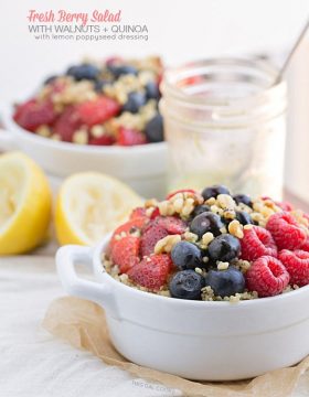 This Fresh Berry Salad with Walnuts and Quinoa is full of nutrients and flavor. Top it off with homemade Lemon Poppy Seed Dressing (recipe included).