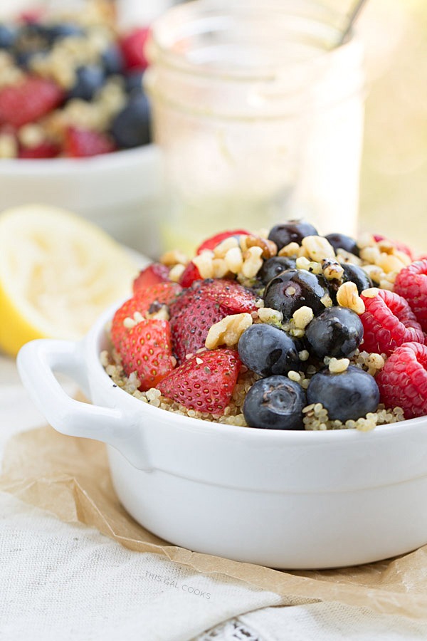 This Fresh Berry Salad with Walnuts and Quinoa is full of nutrients and flavor. Top it off with homemade Lemon Poppy Seed Dressing (recipe included).