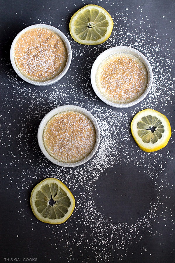 Lemon Coconut Pudding Cakes: limoncello, fresh lemon juice, coconut milk and other select ingredients are baked in cute little ramekins to make these pretty little cakes.