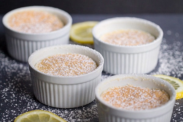 Lemon Coconut Pudding Cakes: limoncello, fresh lemon juice, coconut milk and other select ingredients are baked in cute little ramekins to make these pretty little cakes.