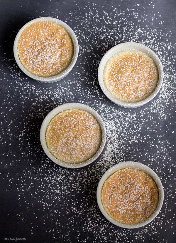 Lemon Coconut Pudding Cakes: limoncello, fresh lemon juice, coconut milk and other select ingredients are baked in cute little ramekins to make these pretty little cakes.