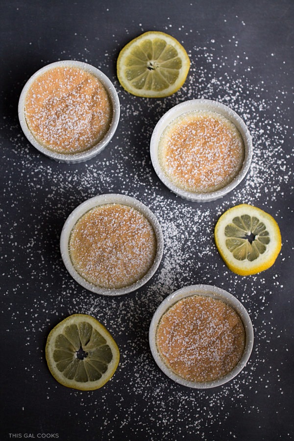 Lemon Coconut Pudding Cakes: limoncello, fresh lemon juice, coconut milk and other select ingredients are baked in cute little ramekins to make these pretty little cakes.