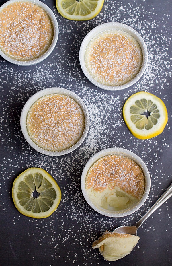 Lemon Coconut Pudding Cakes: limoncello, fresh lemon juice, coconut milk and other select ingredients are baked in cute little ramekins to make these pretty little cakes.