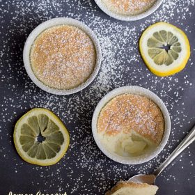 Lemon Coconut Pudding Cakes: lemoncello, fresh lemon juice, coconut milk and other select ingredients are baked in cute little ramekins to make these pretty little cakes.