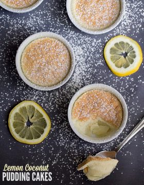 Lemon Coconut Pudding Cakes: lemoncello, fresh lemon juice, coconut milk and other select ingredients are baked in cute little ramekins to make these pretty little cakes.