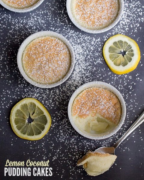 Lemon Coconut Pudding Cakes: lemoncello, fresh lemon juice, coconut milk and other select ingredients are baked in cute little ramekins to make these pretty little cakes.