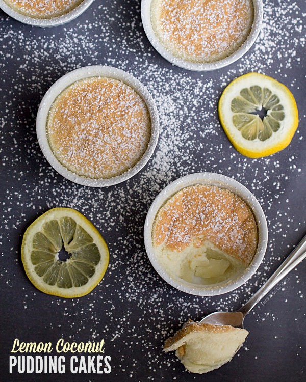 Lemon Coconut Pudding Cakes: limoncello, fresh lemon juice, coconut milk and other select ingredients are baked in cute little ramekins to make these pretty little cakes.