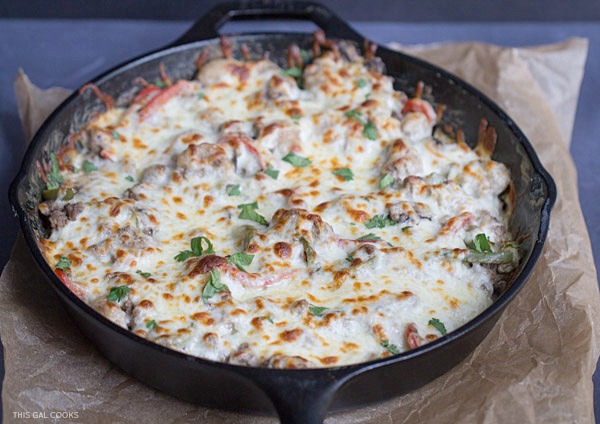 Thirty Minute Philly Cheeseburger Gnocchi Bake: Low fat cream cheese, lean ground beef and whole wheat gnocchi come together to create this quick and easy one pan skillet dinner.