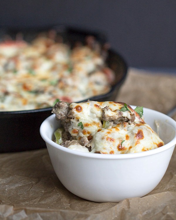 Thirty Minute Philly Cheeseburger Gnocchi Bake: Low fat cream cheese, lean ground beef and whole wheat gnocchi come together to create this quick and easy one pan skillet dinner.