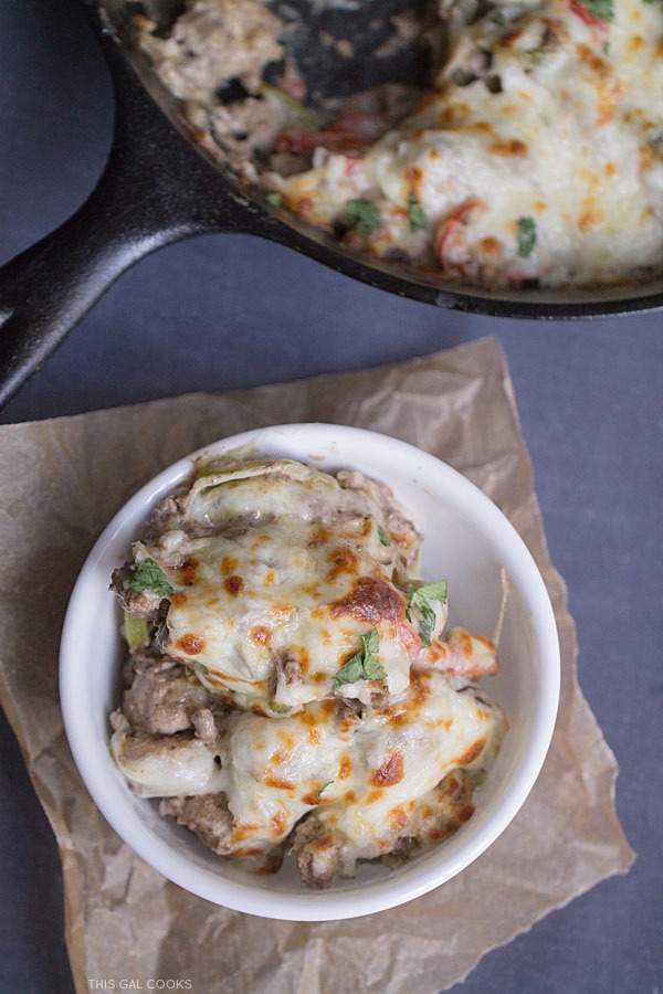 Thirty Minute Philly Cheeseburger Gnocchi Bake: Low fat cream cheese, lean ground beef and whole wheat gnocchi come together to create this quick and easy one pan skillet dinner.