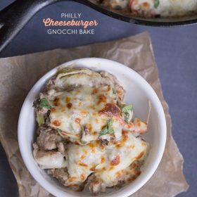 Thirty Minute Philly Cheeseburger Gnocchi Bake: Low fat cream cheese, lean ground beef and whole wheat gnocchi come together to create this quick and easy one pan skillet dinner.