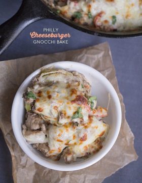 Thirty Minute Philly Cheeseburger Gnocchi Bake: Low fat cream cheese, lean ground beef and whole wheat gnocchi come together to create this quick and easy one pan skillet dinner.