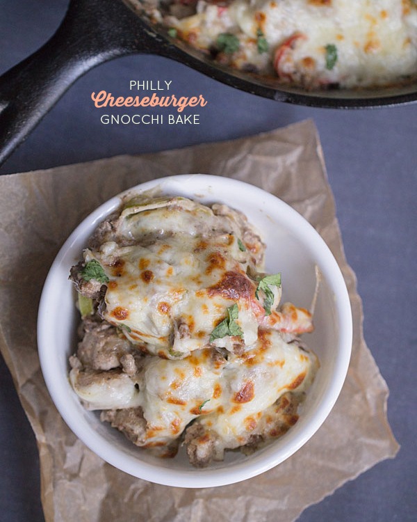 Thirty Minute Philly Cheeseburger Gnocchi Bake: Low fat cream cheese, lean ground beef and whole wheat gnocchi come together to create this quick and easy one pan skillet dinner.