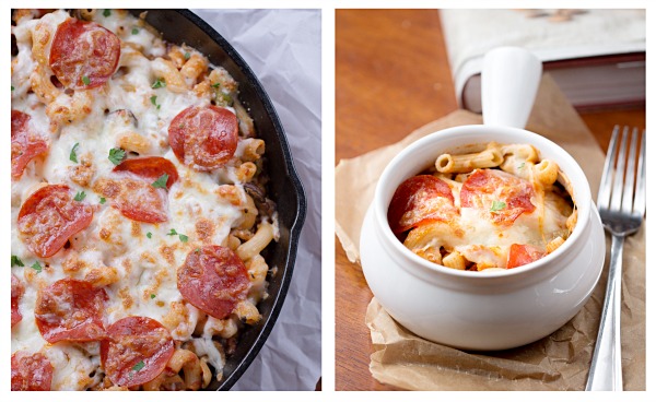 Skillet Pizza Pasta Bake: hot Italian chicken sausage, turkey pepperoni, all natural pizza sauce, veggies, gluten free pasta and cheese come together to make this easy to make casserole.