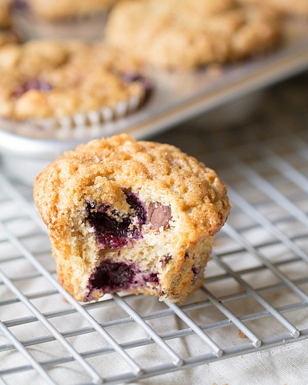The BEST Blueberry Banana Yogurt Muffins! Topped with a crunchy cinnamon sugar topping and filled with blueberries and chocolate chips!