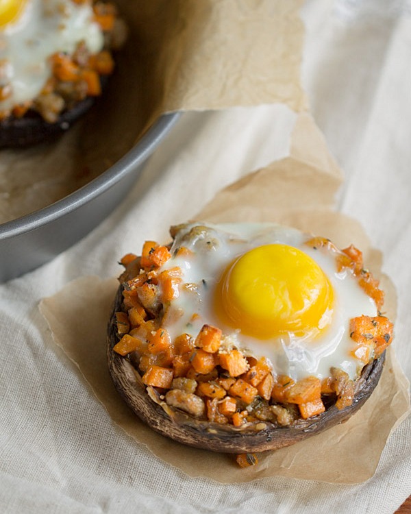 Sausage + Sweet Potato Stuffed Portobello: Chicken Sausage and diced sweet potatoes are sautéed in Italian seasonings, stuffed into portabellos, topped with an egg and baked to perfection.