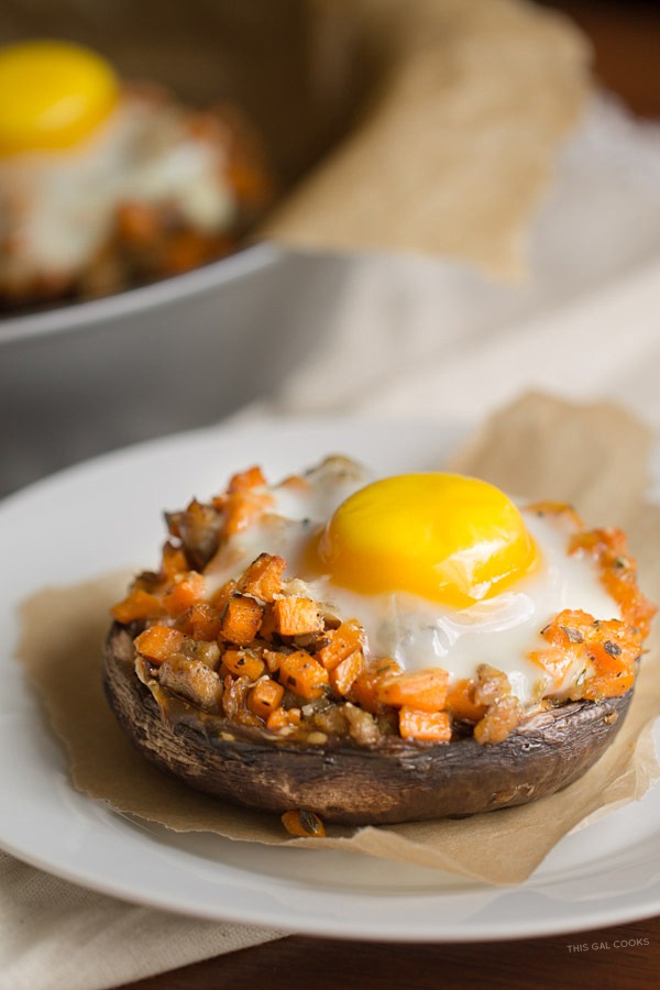 Sausage + Sweet Potato Stuffed Portobello: Chicken Sausage and diced sweet potatoes are sautéed in Italian seasonings, stuffed into portabellos, topped with an egg and baked to perfection.
