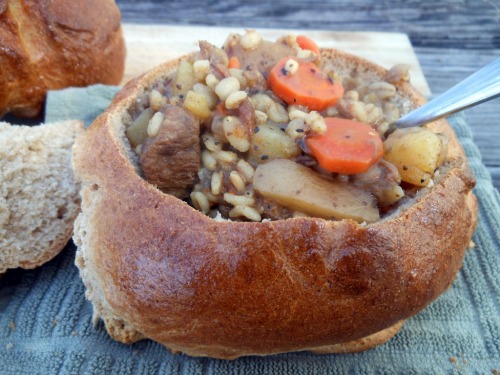 Slow Cooker Beef, Beer & Barley Stew in Bread Bowls by Sugar Dish Me