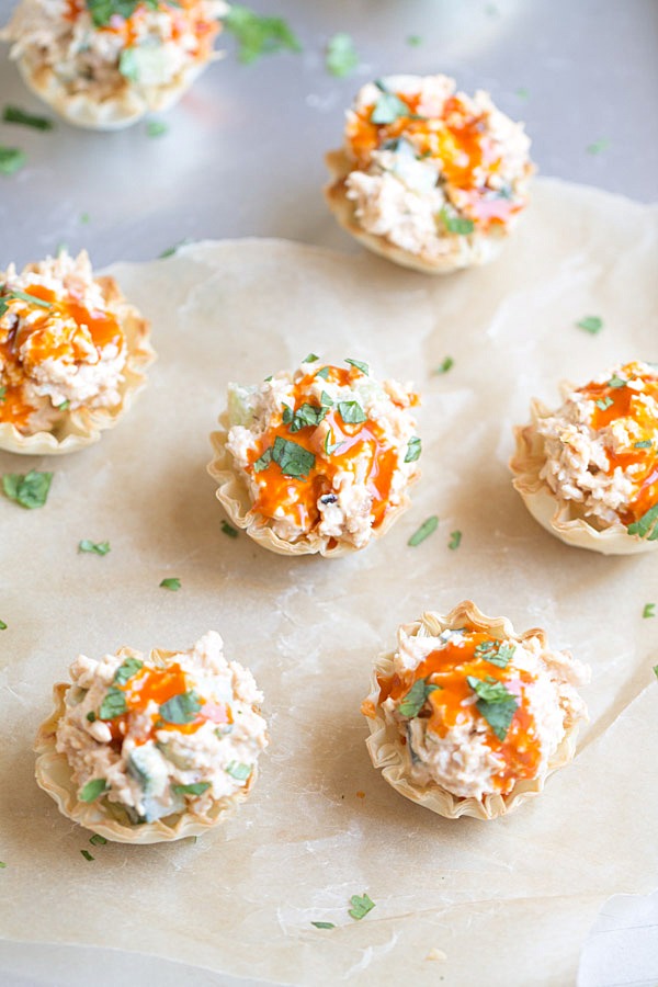 Buffalo Chicken Salad Cups. These crispy little appetizer cups are big on flavor and perfect for every wing lover in your life! Great for game day too! | This Gal Cooks