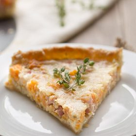 Sweet Potato, Ham and Swiss Tart on This Gal Cooks