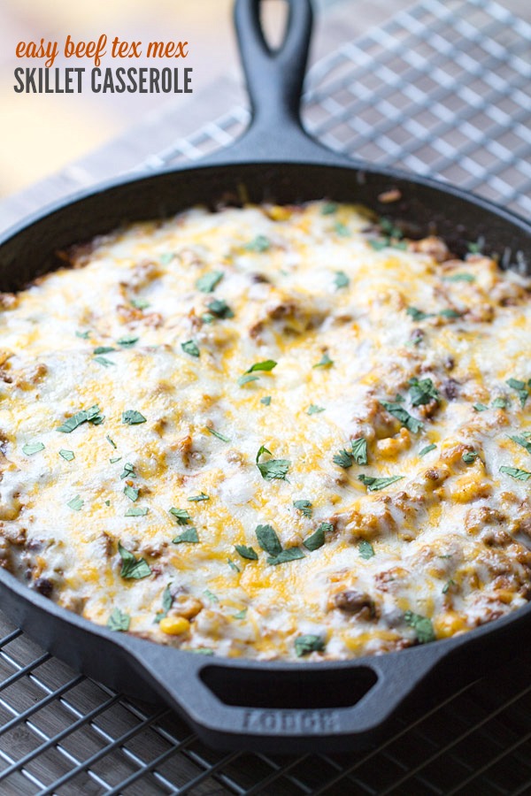 Easy Beef Tex Mex Skillet Casserole is my new favorite dinner! Cheesy, beefy and full of flavor. | This Gal Cooks