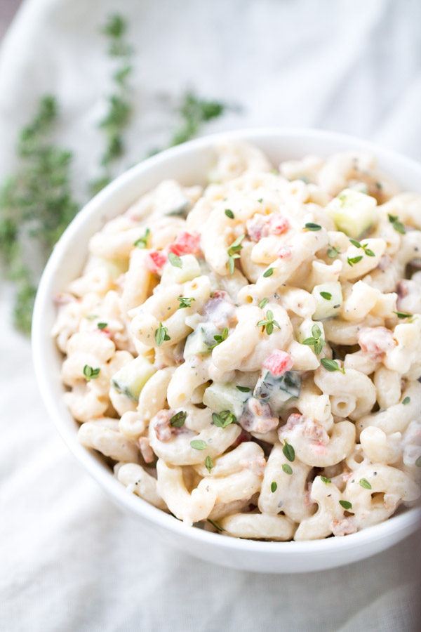 Bacon Parmesan Pasta Salad is full of bacon, creamy mayo and parmesan cheese! Pair it with your favorite grilled main dish for a perfect meal. | This Gal Cooks